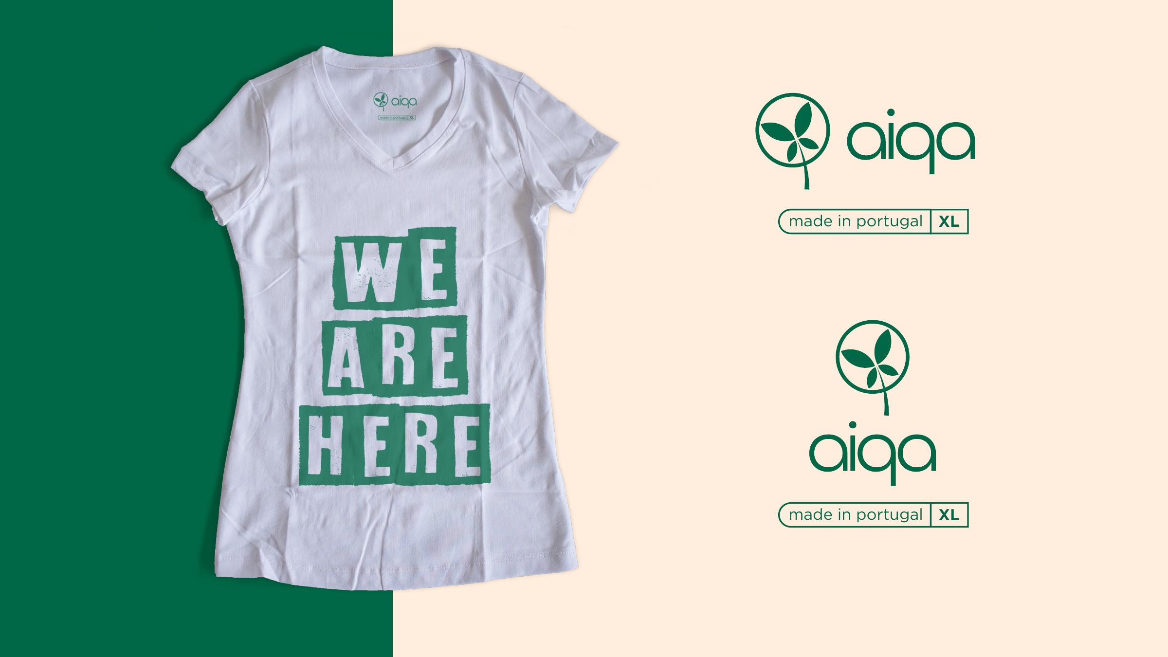 Aplicação da marca e etiqueta AIQA em t-shirt